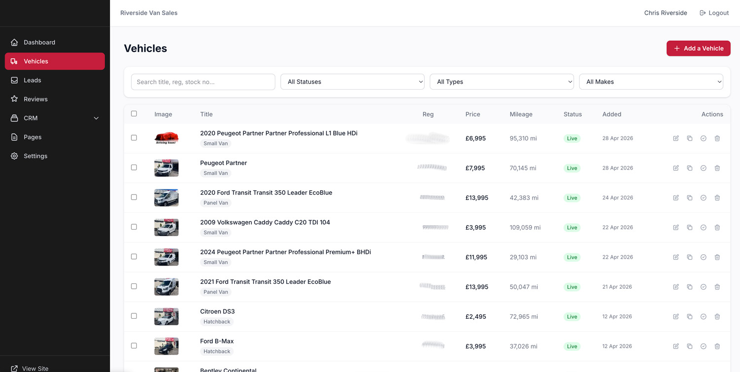 Cartraders web platform admin vehicle listing